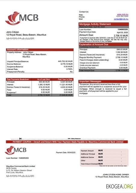 Modèle Word et PDF de relevé hypothécaire de Mauritius Commercial Bank Limited
